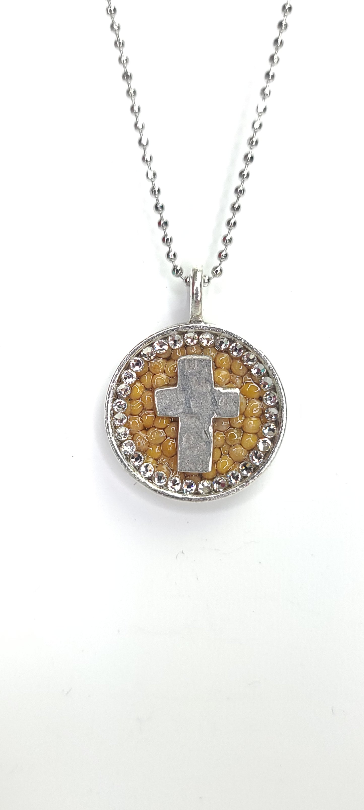 "Abide Silver" Silver Cross Round Pendant