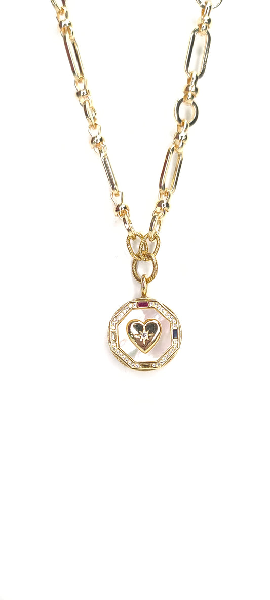 Gold Heart with Pearl Background Pendant on Paperclip Necklace