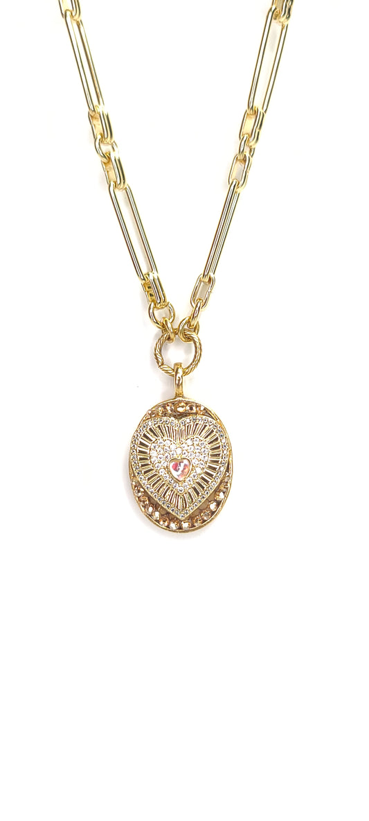 Heart In Heart Oval Pendant with AB Stone on Paperclip Necklace