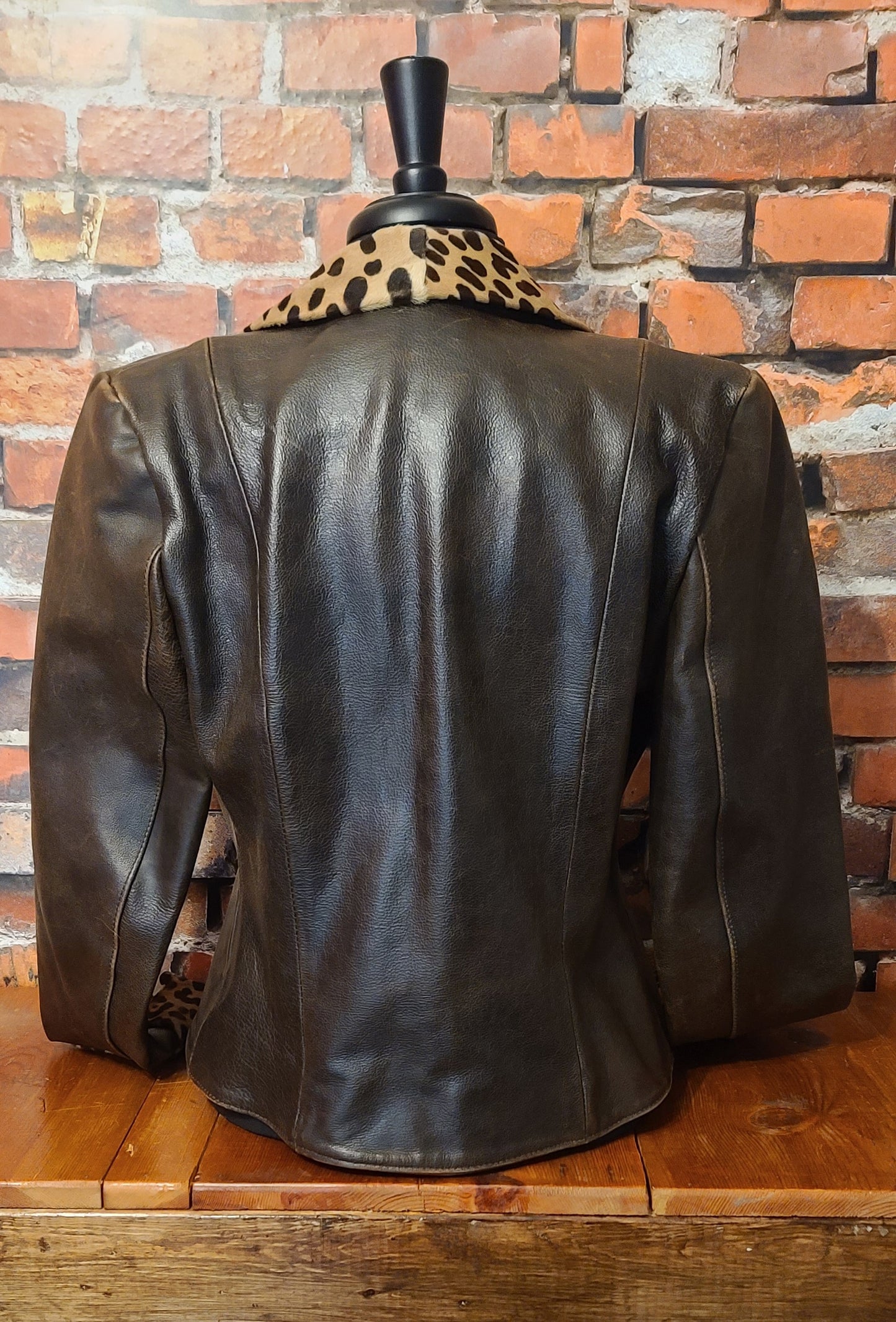 Leather Jacket with Leopard Trim