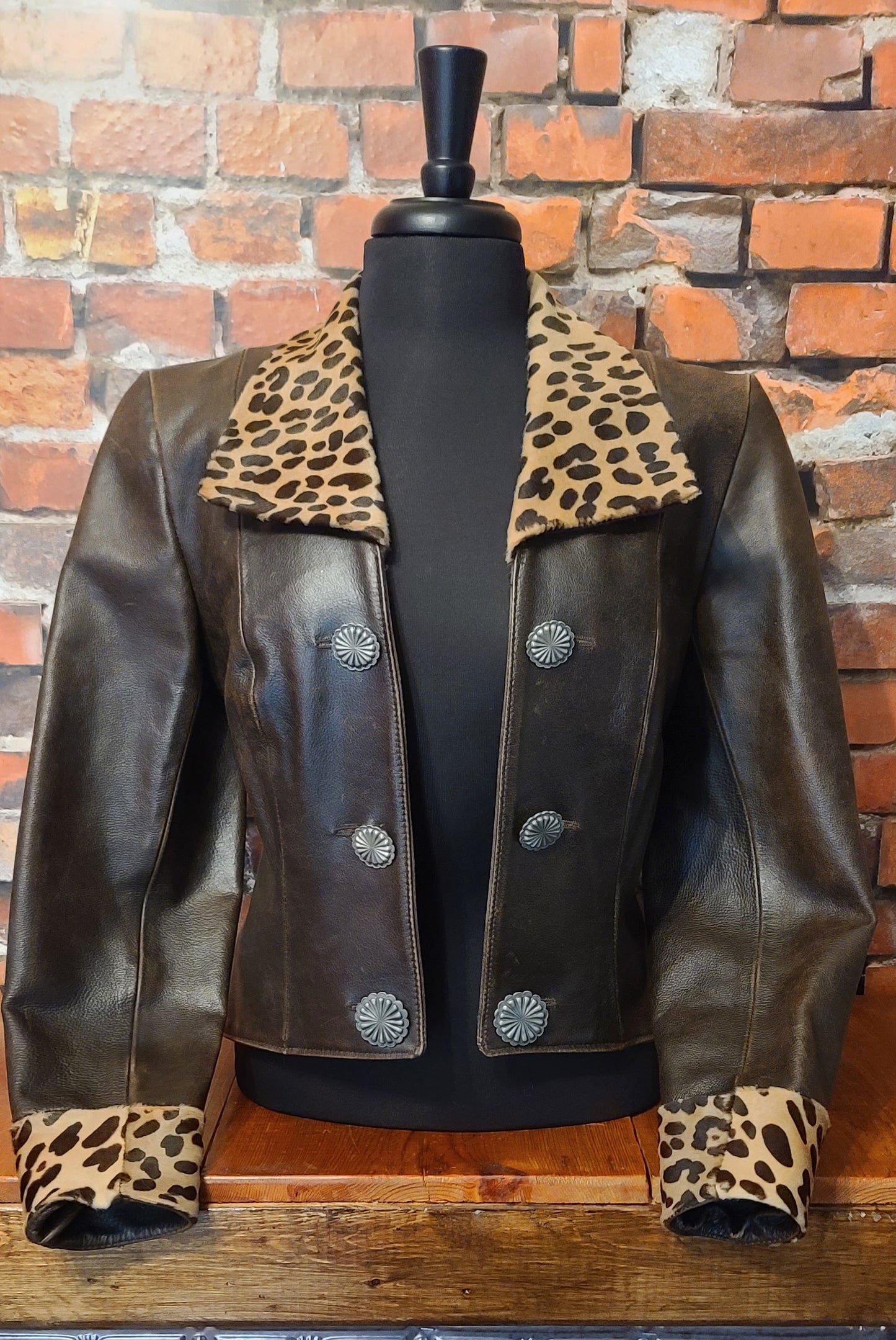 Leather Jacket with Leopard Trim