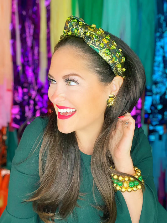 Green & Gold Brocade Headband with Crystals