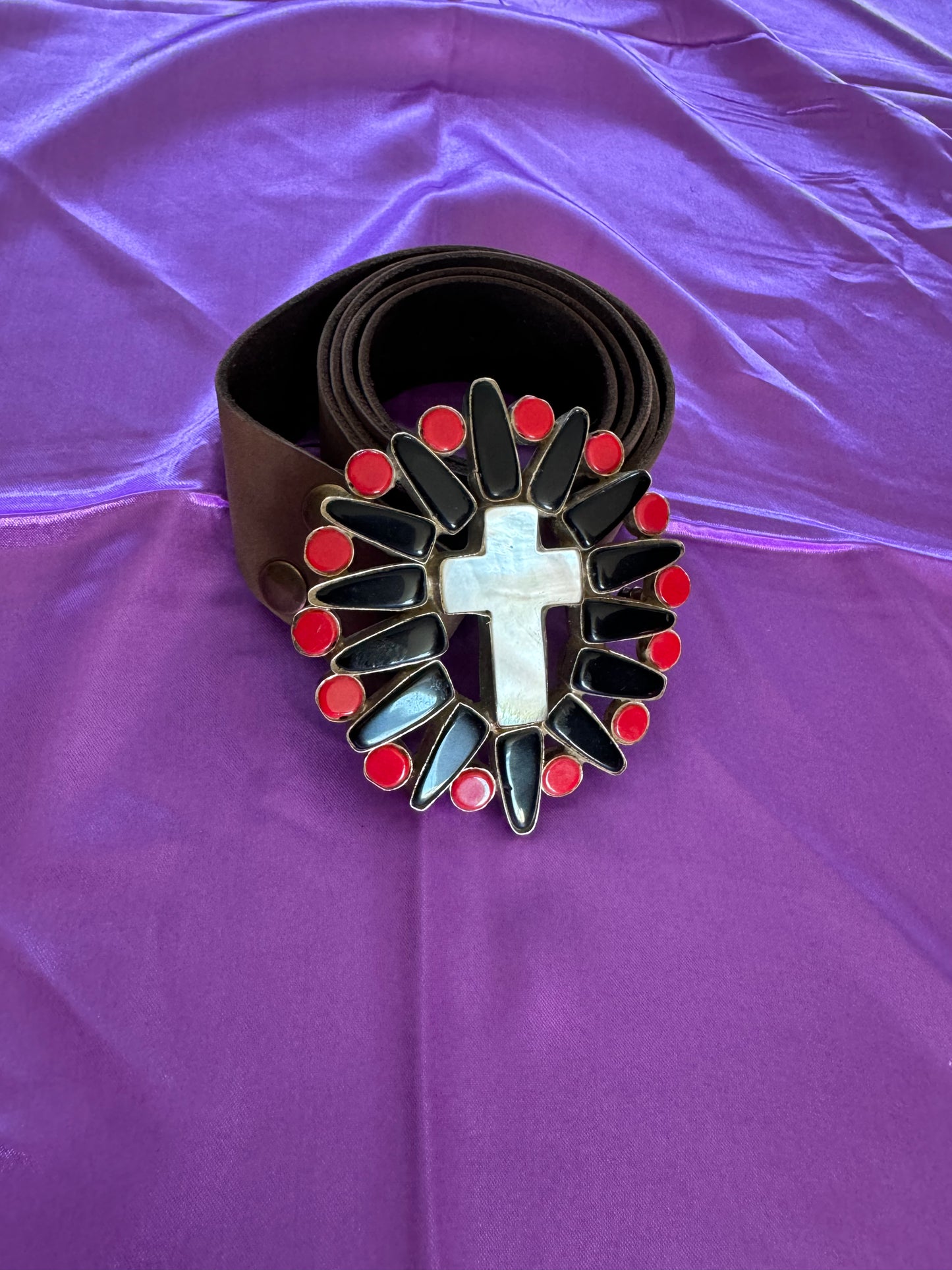 Black Onyx, Coral & Mother of Pearl Cross Buckle