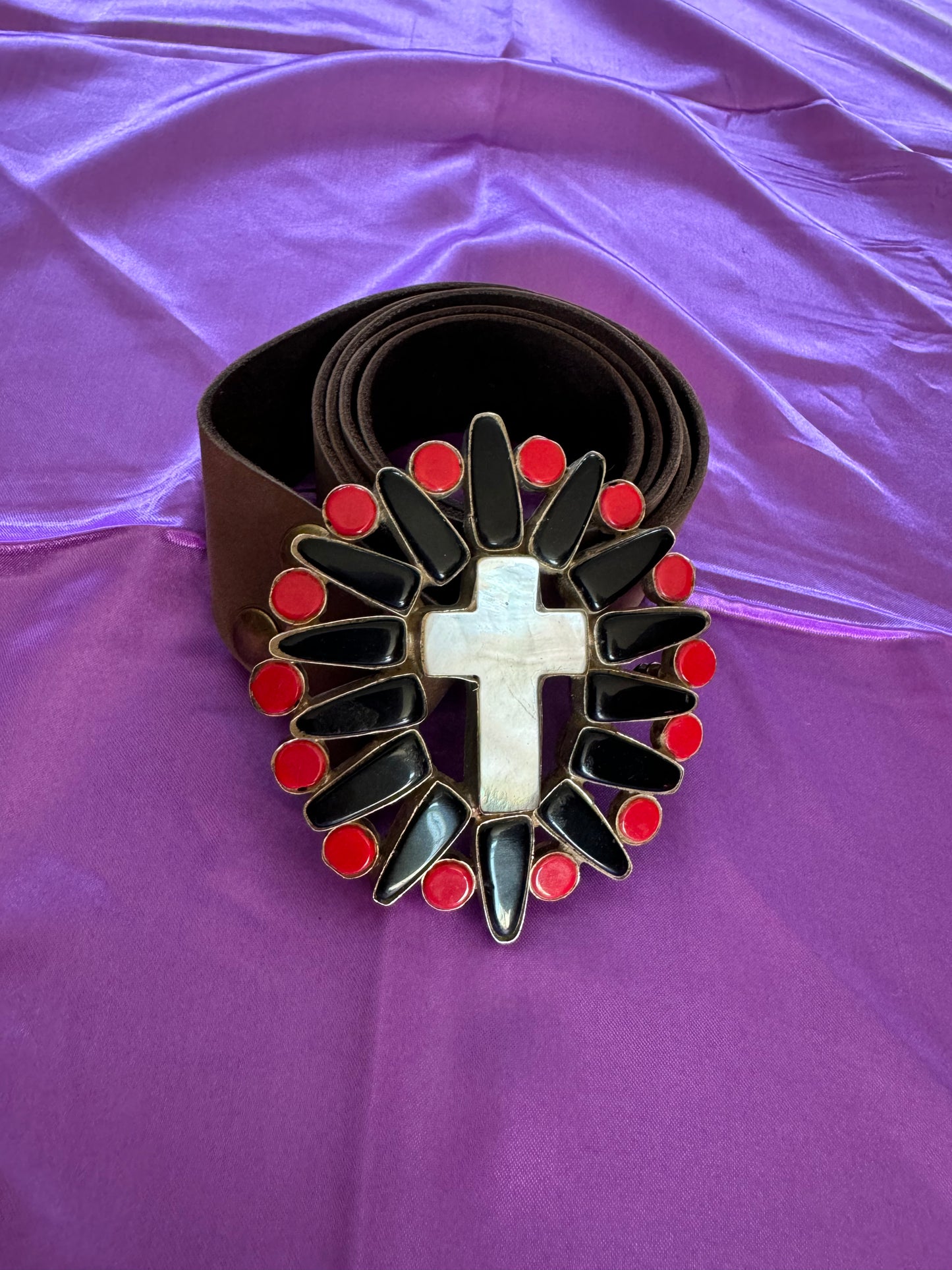 Black Onyx, Coral & Mother of Pearl Cross Buckle