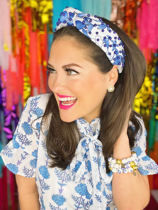 Blue and White Chinoiserie Headband with Hand-Sewn Beads